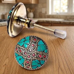 Ba Traditional <b>Brass</b> Round Cabinet <b>Knob</b> with Mosaic Turquoise and Red Inlay Design for Home Bar Furniture - Product Image 1
