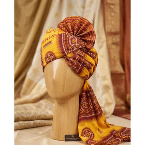 Turbante de Boda Bandhani de Rajastán |   Pagri Amarillo y Granate Hecho a Mano |   Safa Tradicional para el Novio en la Ceremonia Baraat - Product Image 2