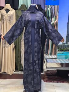 Dark Blue Solid Long Sleeve Ankle Length V Neck Breathable Abaya Women's Modest Dress Middle East Style Daily Wear Lightweight - Product Image 1