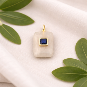 <b>Moonstone</b> Rectangle <b>Pendant</b> Double Stone Charm Gold Plated CZ Accent Handmade Jewelry Gift for Women - Product Image 1