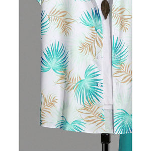 Chemise boutonnée à manches courtes pour hommes, blanc, vert sarcelle, motif feuilles tropicales, short assorti, ensemble 2 pièces, tenue de plage hawaïenne décontractée - Product Image 3