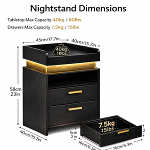 Mesita de Noche Inteligente con Estación de Carga, Puertos USB y Tipo-C, Cargador Inalámbrico, Luz LED y Cajón Oculto con Cerradura - Product Image 2