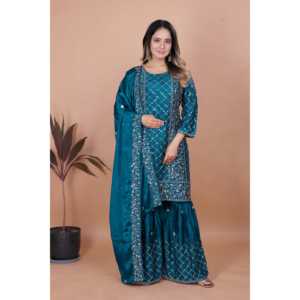 Conjunto Modesto de Sharara de Chinon con Bordado de Diseñador, Traje con Bordado de Lentejuelas - Product Image 4