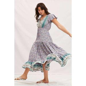 Women <b>Boho</b> Printed Cotton Maxi <b>Dress</b> V Neck Flutter Sleeve Tiered Flowy Casual <b>Summer</b> Beach Long <b>Dress</b> - Product Image 3