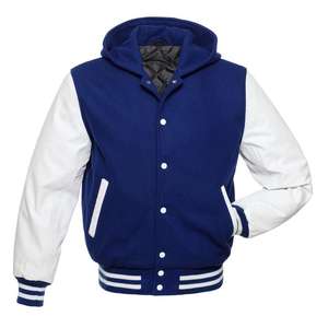 Veste à capuche bleue avec broderie personnalisée et manches en cuir, fabriquée au Pakistan - Product Image 1