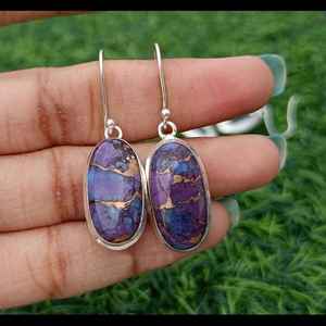 ต่างหูเงินแท้ประดับเทอร์ควอยซ์สีม่วงทองแดงทำมือ สไตล์โบโฮ เรียบหรู ประดับอัญมณีธรรมชาติ - Product Image 4