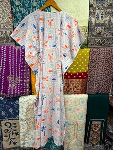 Handmade Cotton Floral Kimono Robe Oversized <b>Kaftan</b> V-neck Ankle-Length Casual Dress Feather Trim Sustainable Natural Waist All - Product Image 6