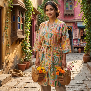 Kimono Premium de Algodón Beige con Estampado Paisley |   Bata de dormir de manga larga con cuello en V para mujer |   Ropa de estar por casa de alta calidad, sostenible y de diseño excepcional - Product Image 5