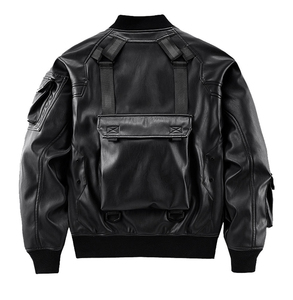 Chaqueta Bomber Casual Impermeable de Cuero PU Negro para Hombre, Estilo Motero, Cierre de Cremallera, Cuello Alto, Múltiples Bolsillos, Corte Regular - Product Image 2