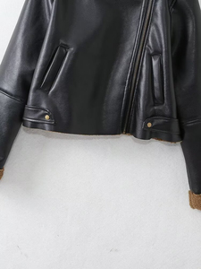 Chaqueta bomber de piel sintética negra para mujer con cuello y puños con ribete de piel, abrigo corto de invierno a prueba de viento, manga larga - Product Image 5
