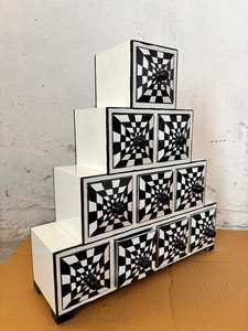 Meuble de rangement à double tiroir en fibres végétales peint à la main, noir et blanc, vintage, décoratif, fait main, gain de place, décoration intérieure - Product Image 4