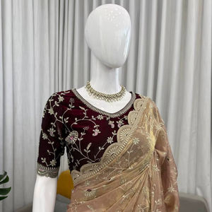 Sari en tulle brodé lourd beige champagne traditionnel avec chemisier de créateur, séchage rapide, idéal pour l'hiver/toutes occasions, pour mariage, Diwali, soirée - Product Image 1