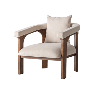 Fauteuil lounge moderne en teck massif, chaise d'appoint rembourrée, design à accoudoirs ouverts et courbés, coussin de qualité supérieure, mobilier de resort confortable - Product Image 1