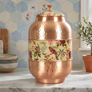 Distributeur d'eau en cuivre artisanal de luxe avec art Meenakari |   Réservoir d'eau décoratif en cuivre martelé avec robinet pour la maison - Product Image 5