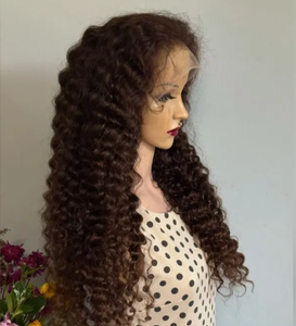 Perruque de luxe en cheveux humains brun chocolat, bouclée profonde, avec dentelle HD, sans colle, perruque frontale 13x4, haute densité - Product Image 2