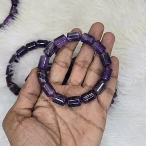 Bracelet extensible en perles cylindriques d'améthyste violette naturelle, cristal poli, bijoux en pierres précieuses en gros - Product Image 1