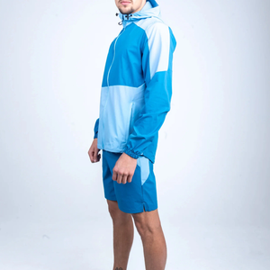 Ensemble de survêtement pour homme avec blocs de couleur, short sportif à capuche entièrement zippé avec poches latérales, en polyester léger, idéal pour l'été - Product Image 3