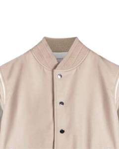 <b>Mens</b> Varsity <b>Jacket</b> Beige Wool Body <b>White</b> Front Embroidery Stand Collar Horn Button Waterproof College Bomber <b>Jacket</b> - Product Image 2