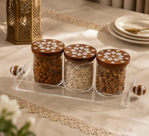 Ensemble de pots en acrylique avec incrustations florales en nacre, couvercles en bois et plateau transparent pour le rangement des noix, organisateur de cuisine décoratif de style bohème - Product Image 3
