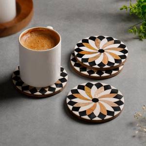 <b>Round</b> Wooden Coaster <b>Set</b> With Geometric Flower Design Black White Brown Modern <b>Table</b> Mats Non Slip 7 Mm Thickness - Product Image 1
