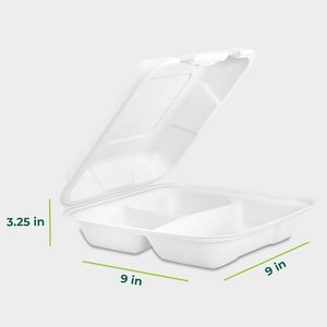 Canejoy Contenedor Desechable de Bagazo de Caña de Azúcar de 9x9 Pulgadas con 3 Compartimentos, Ecológico, Biodegradable, Capacidad de 30 oz - Product Image 1
