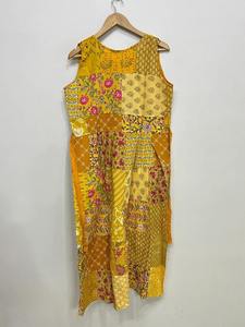 เดรสผ้าฝ้ายปะติดปะต่อแขนกุดสำหรับผู้หญิง สีเหลือง คอเสื้อทำมือ สไตล์โบฮีเมียน ชุดลำลองฤดูร้อน ไซส์เดียว - Product Image 6