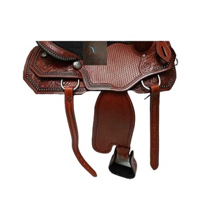 Western Brown Leather Basket Wave & Floral Hand Tooling Designed Barrel Horse Racing Saddle Black Suede Seat <b>Studded</b> 10" to 18" - Product Image 3