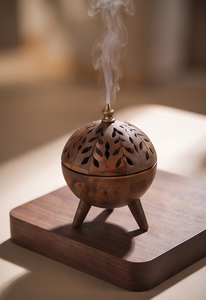 Round Wooden <b>Incense</b> <b>Holder</b> with Lid Carved Leaf Design Aromatherapy Censer Tripod Stand Gift Decor - Product Image 3
