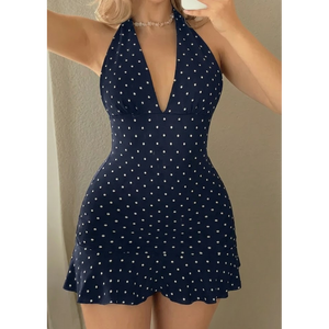 Mini-robe bleu marine à pois pour femme avec col licou, liens à nouer dans le dos et ourlet à volants – Robe d'été décontractée et ajustée pour les fêtes - Product Image 5