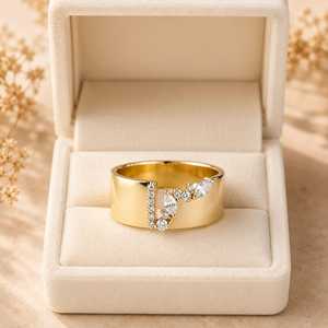 Bague de déclaration en or massif 10K 14K 18K avec diamants de laboratoire marquise et ronds, large bande en or style cigare, grappe asymétrique et épaisse, pour mariage - Product Image 6