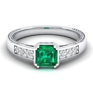 Bague de fiançailles REYES, nouveau design, or blanc 14 carats, émeraude taille émeraude 0,75 carat, pierre précieuse émeraude, bijoux de mariage pour femmes, cadeaux en moissanite - Product Image 1