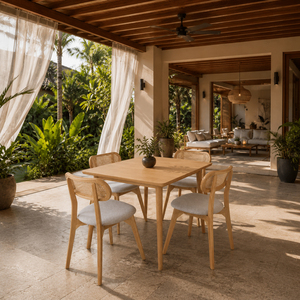 Muebles de Comedor de Lujo de Teca Sólida Premium Estilo Escandinavo, Juego de 5 Piezas Soren, Silla Peanut con Respaldo de Listones para Cocina, Hogar o Cafetería - Product Image 6