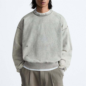 Sudadera Oversize de Cuello Redondo para Hombre, Color Liso, Algodón Lavado, Felpa Francesa, Anti-Pilling, Sudadera Distressed para Hombre - Product Image 1