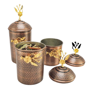 Pot à miel en verre transparent de style luxueux avec couvercle, pour le stockage d'herbes et d'épices, design martelé couleur cuivre - Product Image 1