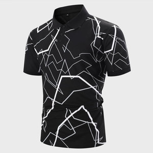 <b>Men's</b> <b>Black</b> Geometric Pattern Short Sleeve Polo Shirt Slim Fit Knitted Polyester Casual Wear - Product Image 3