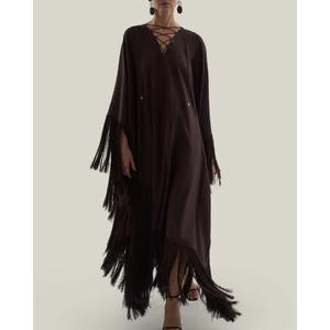 Caftán Negro Elegante Hecho a Mano con Cuello en V, Manga Larga, Detalle de Borlas Asimétricas, Tela de Algodón, Largo hasta el Suelo, para Fiestas, para Todas las Temporadas - Product Image 3