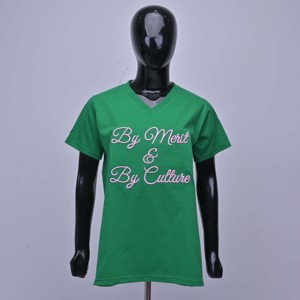 เสื้อยืดคอวีสีเขียวสำหรับผู้หญิง พร้อมโลโก้ปักสีชมพูด้านหน้า เสื้อยืดลำลองแขนสั้นผ้าฝ้ายเจอร์ซีย์คุณภาพสูง - Product Image 1