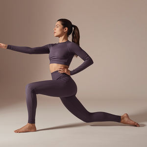 <b>Slate</b> Purple 2-Piece Workout Set-High Waist Quick Dry Leggings & Long Sleeve Top with Front Logo | Premium Activewear - Product Image 4
