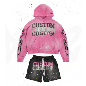 Custom <b>Men's</b> Hooded Sweatshirt & Shorts Set <b>Pink</b> <b>Tie</b>-Dye Rhinestone Letter Print Street Style Fleece Tracksuit Spring Wear - Product Image 1
