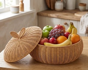 Natural Handwoven Rattan Apple <b>Basket</b> with Lid Decorative Wicker Fruit Storage Bowl for Kitchen, Dining <b>Table</b> & Home Decor - Product Image 6