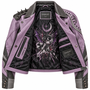 Chaqueta de cuero morada para mujer, estilo punk con tachuelas, abrigo de motociclista, ropa exterior gótica estampada, fabricante personalizado OEM ODM - Product Image 5