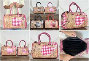 Wholesale Factory Price Tooled Checkered Leather <b>Large</b> Duffel <b>Bag</b> Stylish Floral Pattern <b>Shoulder</b> Strap Top Handle Weekender <b>Bag</b> - Product Image 3