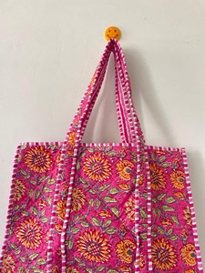 Bolso Tote de Algodón Acolchado con Estampado Floral Rosa Bohemio, Bolso de Compras Casual Abierto con Estampado a Mano para Mujer - Product Image 4