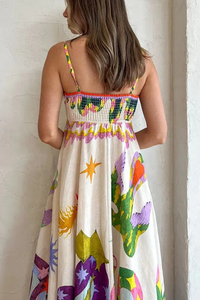 Vibrant Artistic Print Sleeveless Maxi Dress Breathable Linen-Blend Fabric Square Neckline Sleeveless Bohemian-Inspired <b>Sundress</b> - Product Image 2
