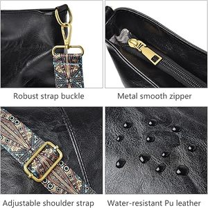 Bolso Bandolera de Cuero Negro con Correa Ajustable Estampada, Estilo Clásico - Product Image 3