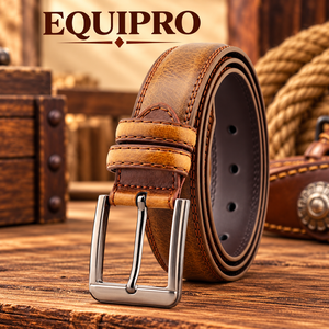 Ceinture en cuir de vachette marron vintage Equipro pour hommes avec boucle à ardillon rectangulaire en alliage, motif rayé, durable - Product Image 2