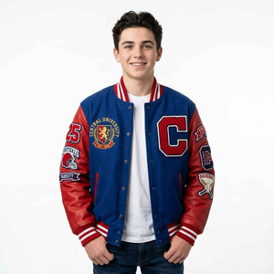 Veste de baseball vintage rouge et bleue pour homme, 100% laine, avec broderie de patchs en chenille, style varsity. - Product Image 3