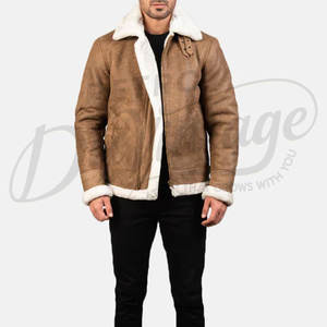 Veste bomber en peau de mouton marron clair pour homme avec col et doublure en fausse fourrure blanche, veste d'aviateur d'hiver haut de gamme - Product Image 6