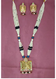 Traditional Pearl <b>Beaded</b> Necklace <b>Set</b> with Gold Pendant and Matching Earrings Ethnic Jewelry <b>Set</b> for Women Wedding Wear - Product Image 2