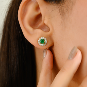 Top Selling Most Beautiful 18K Yellow Gold Round Cut Emerald & Diamond <b>Small</b> Halo <b>Stud</b> <b>Earrings</b> Latest Handmade Bulk Jewelry - Product Image 2